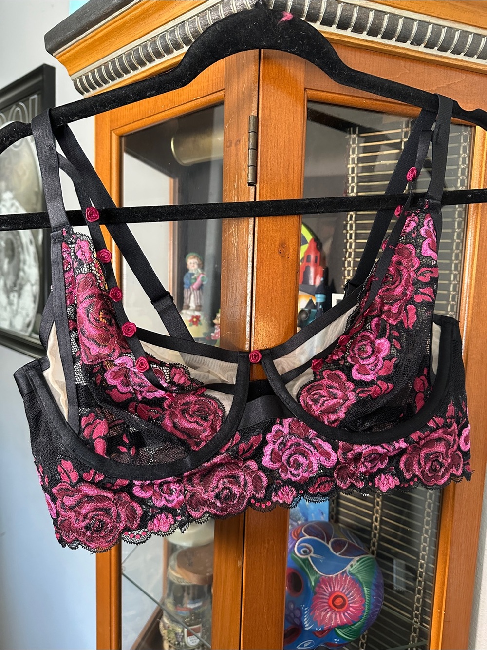 torrid Black Bra with Pink Rose Lace Embroidery